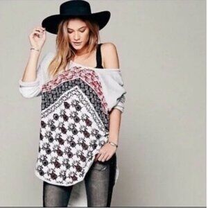 We The Free White Long Sleeve Boho Bandana Print Tee with Black and Red Accents